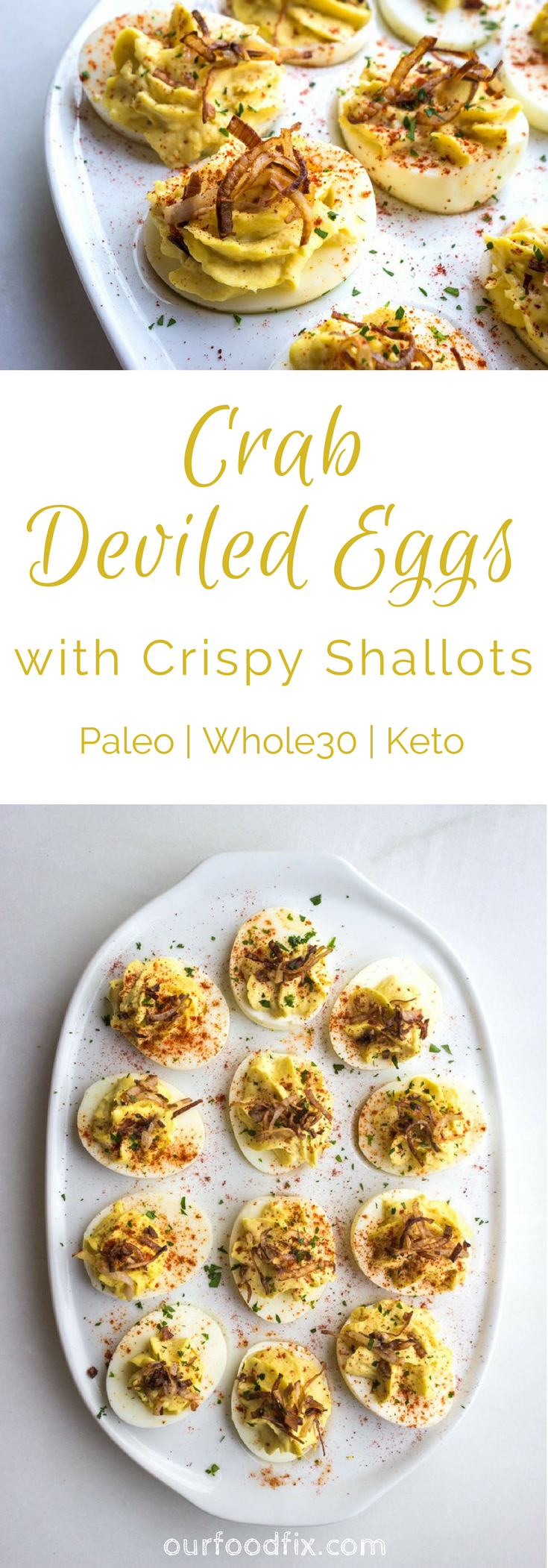 A seafood forward deviled egg made with clean ingredients and topped with crispy onion strings. Perfect for your spring parties or Easter gathering. #theWRlife #deviledeggs #easterrecipes | Easter dishes | Holiday recipes | Appetizers | Snacks | Bites | Deviled eggs | Party food | Seafood recipes | Paleo recipes | Whole30 recipes | Keto recipes | Egg recipes