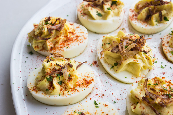 Crab Deviled Eggs with Crispy Shallots {Paleo, Whole30}
