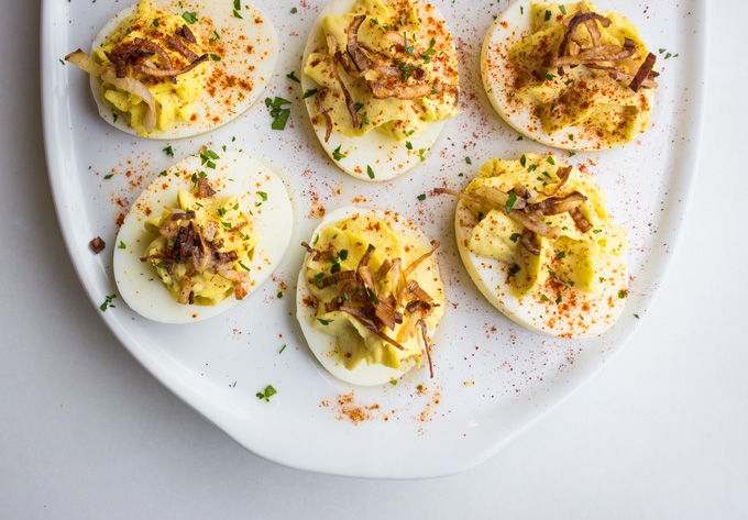 Crab Deviled Eggs with Crispy Shallots {Paleo, Whole30} Crab Deviled Eggs with Crispy Shallots {Paleo, Whole30}