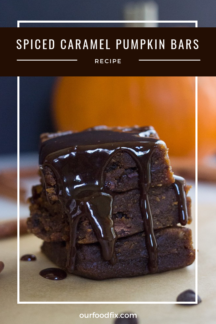 We packed as much fall as possible into these gooey fall blondies. A sticky caramel and chocolate center burst through a fudgey pumpkin bar, helping satisfy all your seasonal cravings #pumpkinbars #pumpkinspice | Pumpkin bar recipes | Pumpkin recipes | Fall recipes | Bars and blondies | Paleo recipes | Paleo desserts | Gluten free recipes | Vegan recipes | Vegan desserts | Halloween recipes | Thanksgiving recipes | Caramel recipes | Pumpkin spice