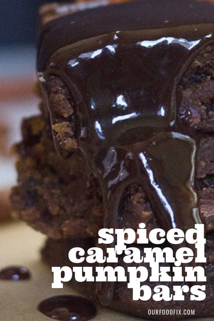 We packed as much fall as possible into these gooey fall blondies. A sticky caramel and chocolate center burst through a fudgey pumpkin bar, helping satisfy all your seasonal cravings #pumpkinbars #pumpkinspice | Pumpkin bar recipes | Pumpkin recipes | Fall recipes | Bars and blondies | Paleo recipes | Paleo desserts | Gluten free recipes | Vegan recipes | Vegan desserts | Halloween recipes | Thanksgiving recipes | Caramel recipes | Pumpkin spice