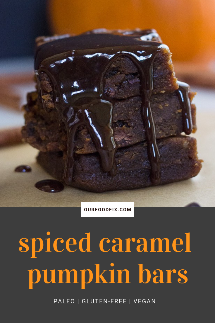 We packed as much fall as possible into these gooey fall blondies. A sticky caramel and chocolate center burst through a fudgey pumpkin bar, helping satisfy all your seasonal cravings #pumpkinbars #pumpkinspice | Pumpkin bar recipes | Pumpkin recipes | Fall recipes | Bars and blondies | Paleo recipes | Paleo desserts | Gluten free recipes | Vegan recipes | Vegan desserts | Halloween recipes | Thanksgiving recipes | Caramel recipes | Pumpkin spice