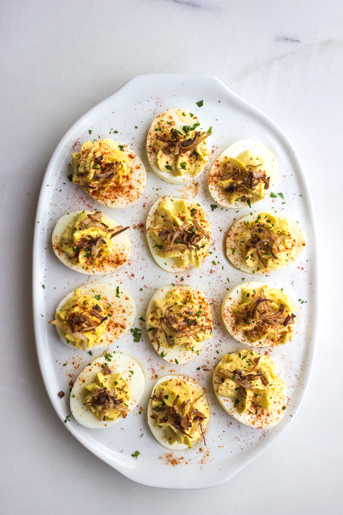 Crab Deviled Eggs with Crispy Shallots {Paleo, Whole30} Crab Deviled Eggs with Crispy Shallots {Paleo, Whole30}