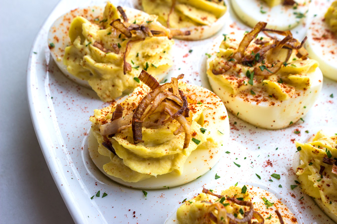 Crab Deviled Eggs with Crispy Shallots {Paleo, Whole30} Crab Deviled Eggs with Crispy Shallots {Paleo, Whole30}